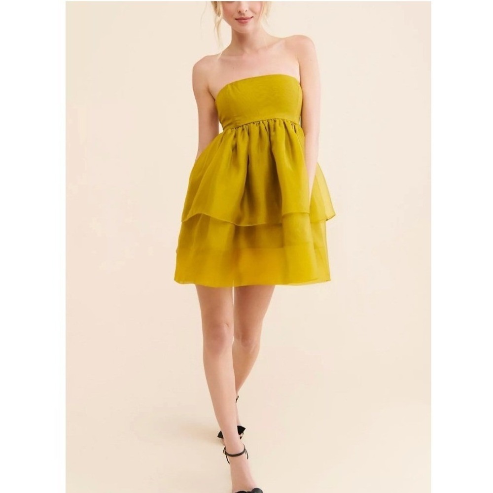 Let Me Be Anthropologie Citron Strapless Tiered Organza‎ Babydoll Mini Dress M